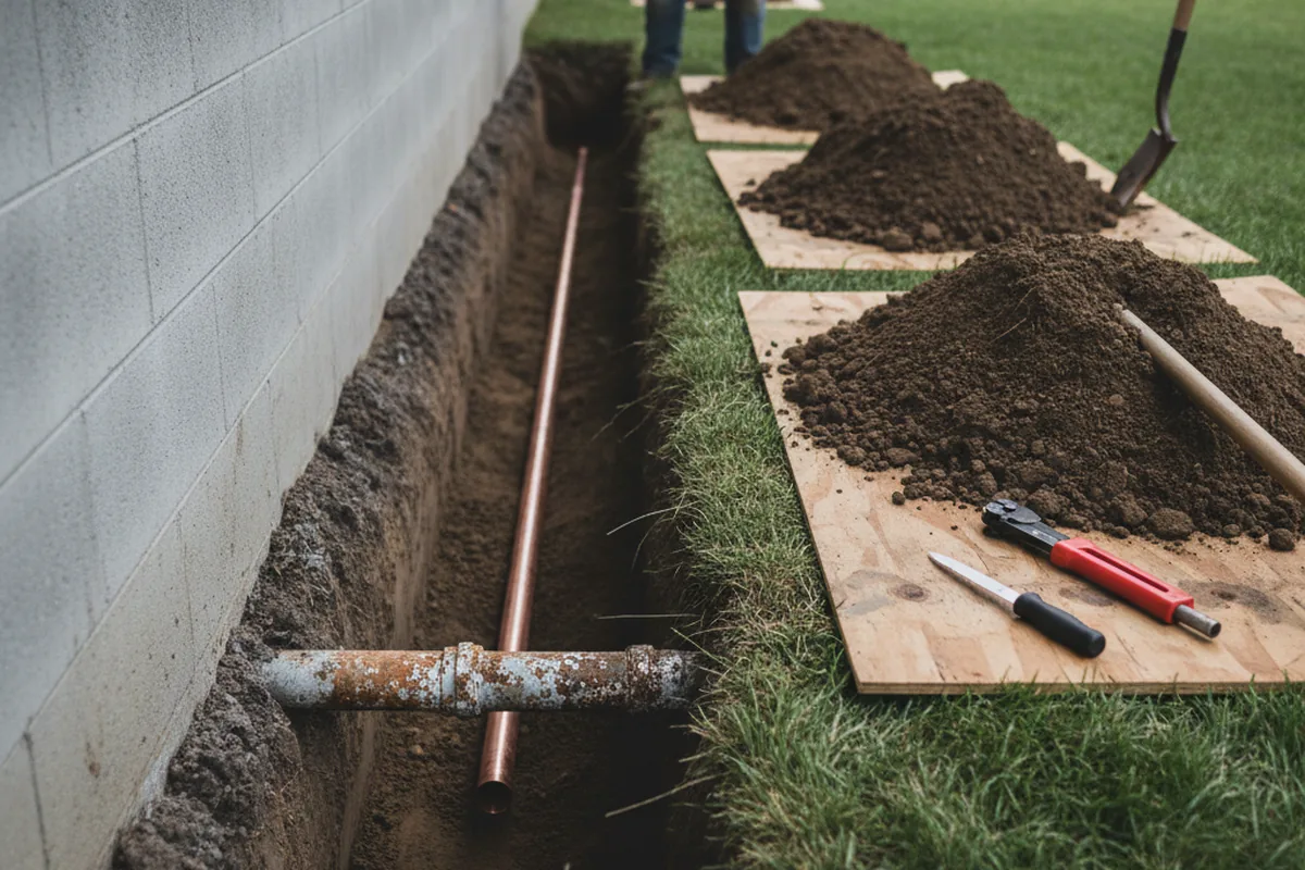 Excavated water line trench during Water Heater Repair in Wendell